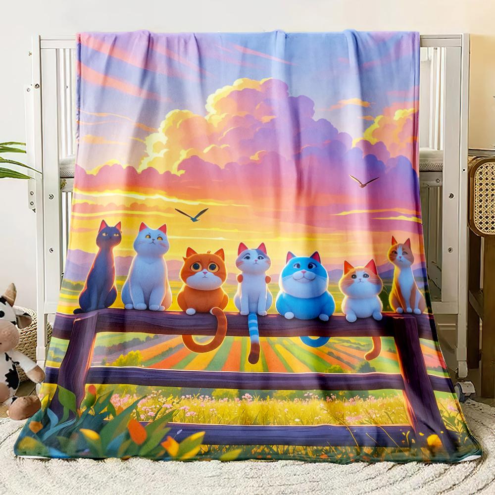 Cute Cat Watching Sunset Forest Flannel Blanket Soft Cozy Throw Blanket for Bed Sofa Couch Office Home Decor Customizable
