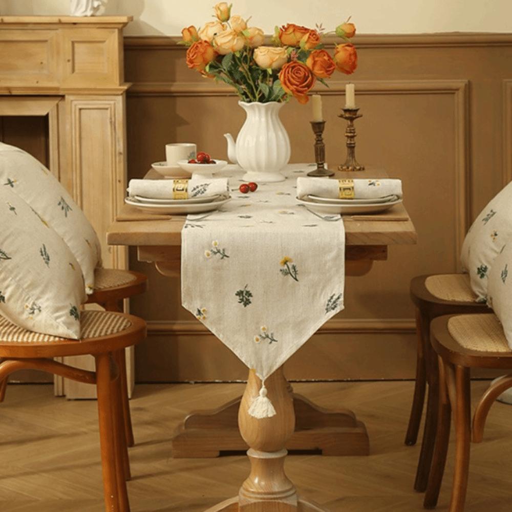 with Tassel Table Cloth Rustic Style Table Linen Simple Linen Embroidery Table Runner Farmhouse
