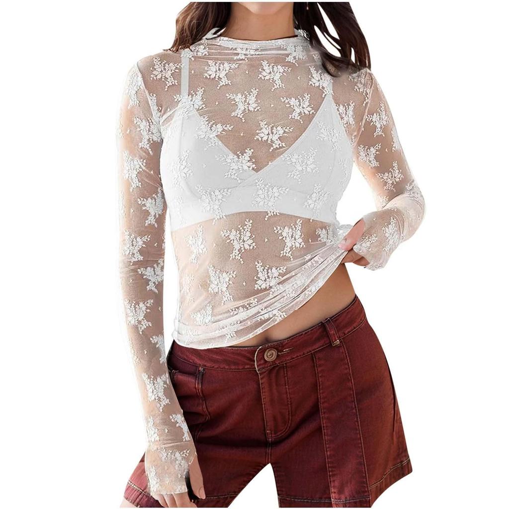 Прозрачные топы с длинным рукавом для женщин, сексуальные сетчатые рубашки, кружевные блузки с цветочной вышивкой и воротником-стойкой