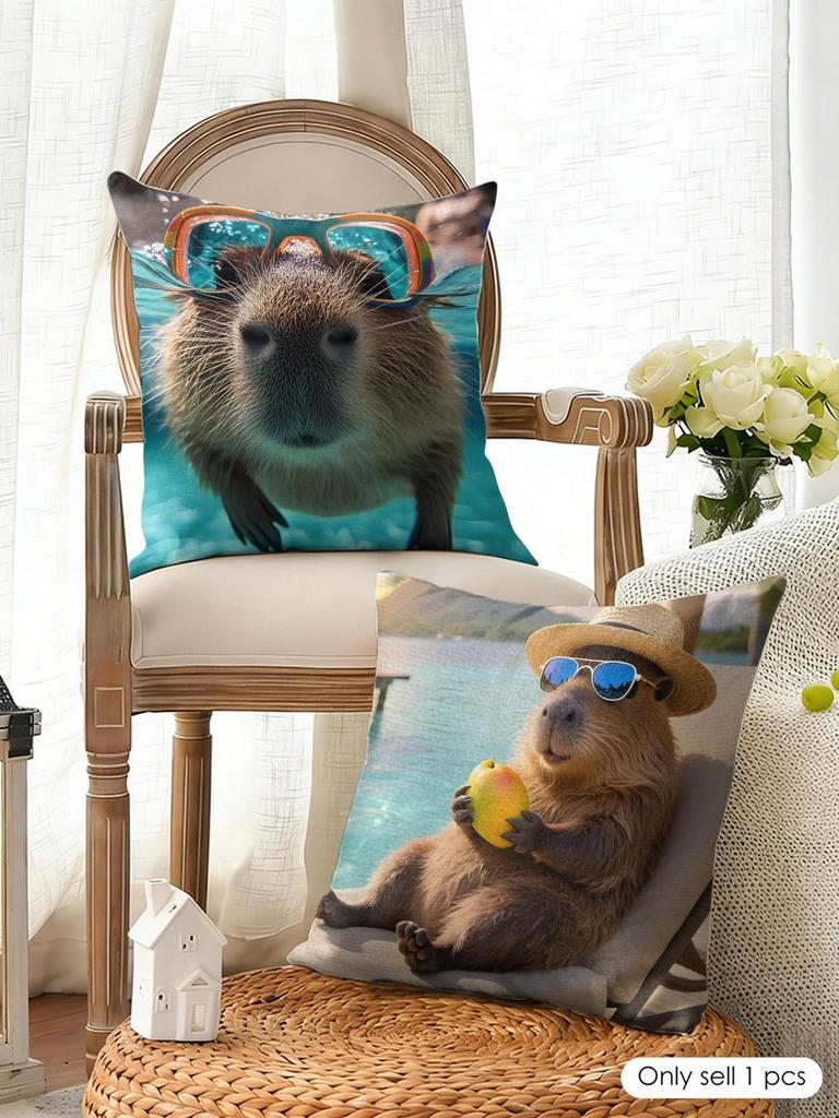 Cute Anime Capybara Cushion Cover Natural Linen Organic Fabric Double-Sided Printing Breathable Perfect For Home Decor