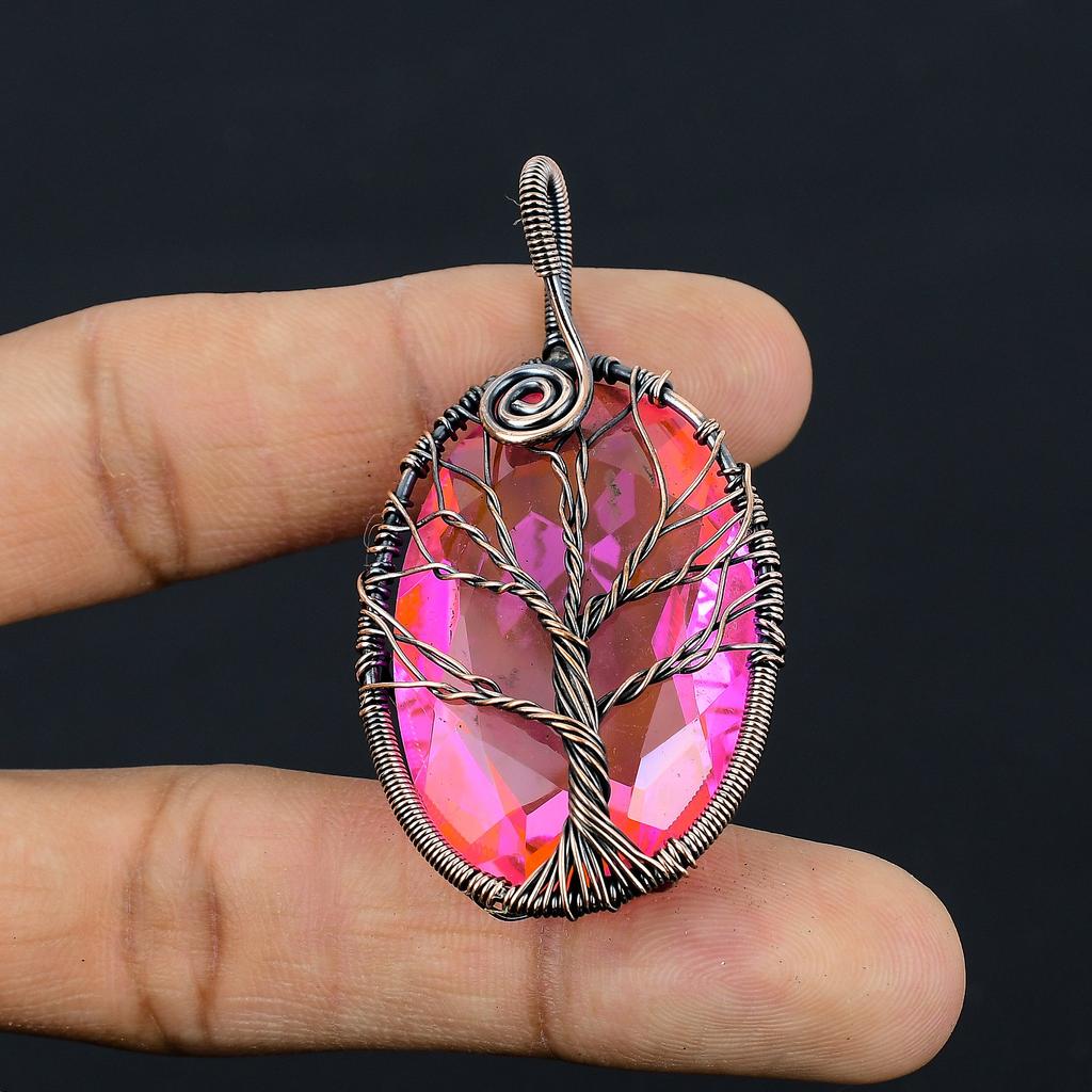 Натуральный Древо Жизни Кунцит Драгоценный Камень Медная Проволока Подарочная Подвеска 2,3 дюйма K4j88
