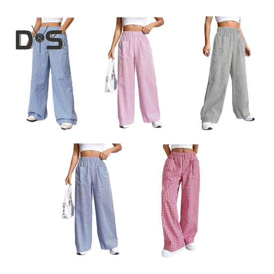 Женские брюки с эластичной талией, средней посадкой, широкие длинные брюки с карманами, клетчатый принт, удобные повседневные брюки