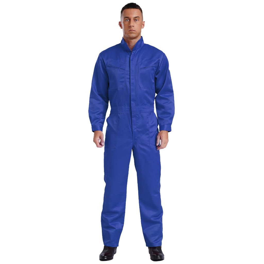 Mens Pure Cotton Jumpsuit Stand Collar Design Long Sleeve Front Zip Overalls Work Uniform Coveralls