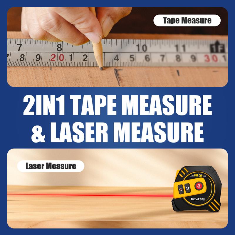REVASRI Laser Tape Measure 2 In 1 Laser Distance Meter High-precision Intelligent Ruler Steel Measuring Tool with LCD Display