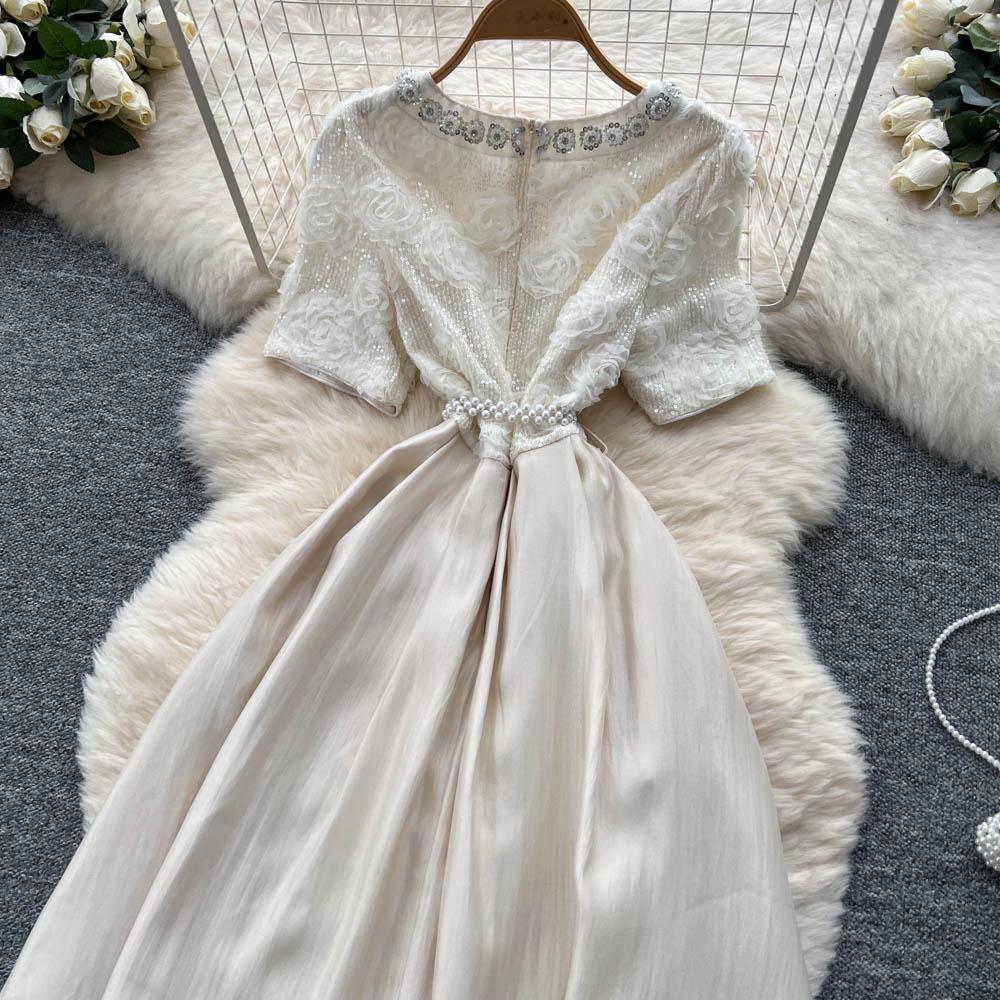 Летние женские милые маленького размера платья для вечеринки феи-принцессы с цветочной вышивкой бисером для девушки-студентки с жемчужным поясом