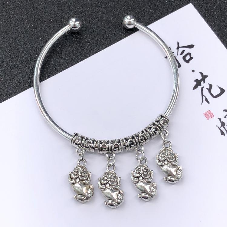 Retro Ethnic Style Tibetan Silver Bracelet Women's Versatile Fashion Bell Flower Pendant Adjustable Bracelet with Accessories
