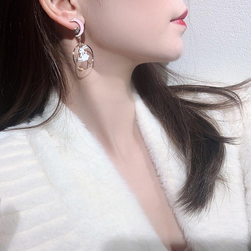 Sweet Personality Girl Moon Korean Asymmetric Earrings Rabbit Drop Earrings Anti Allergy Enamel