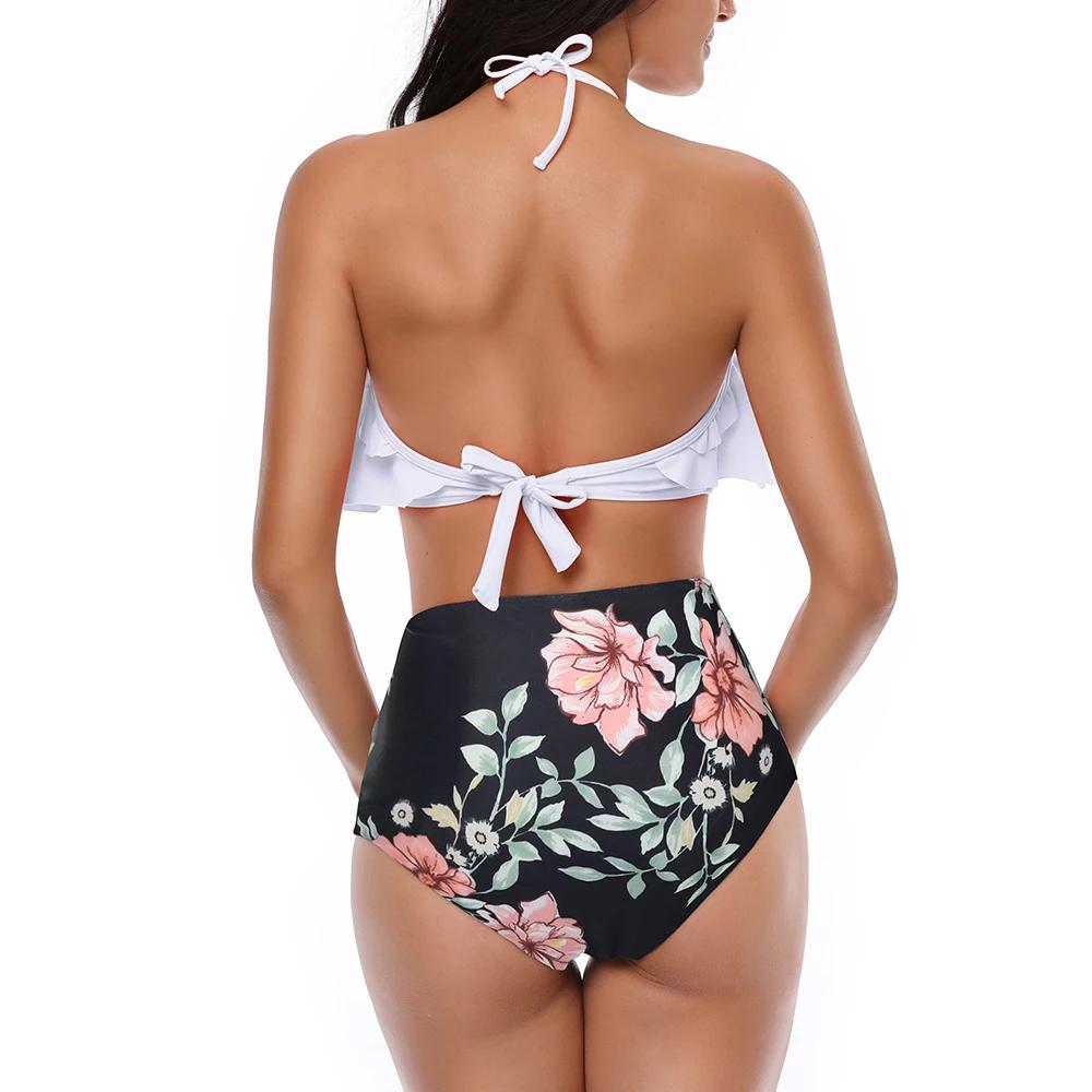 High Waisted Bikini Swimsuit with Ruffles White Black High Waisted Bikini Swimsuit with Ruffles White Black