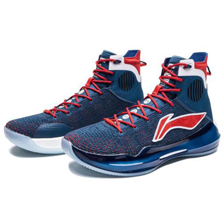 Li Ning YuShuai 13 Тканевая Амортизация Скользкая Устойчивая к Истиранию Высокие Баскетбольные Кроссовки Мужские Сине-Красные ABAP065-12