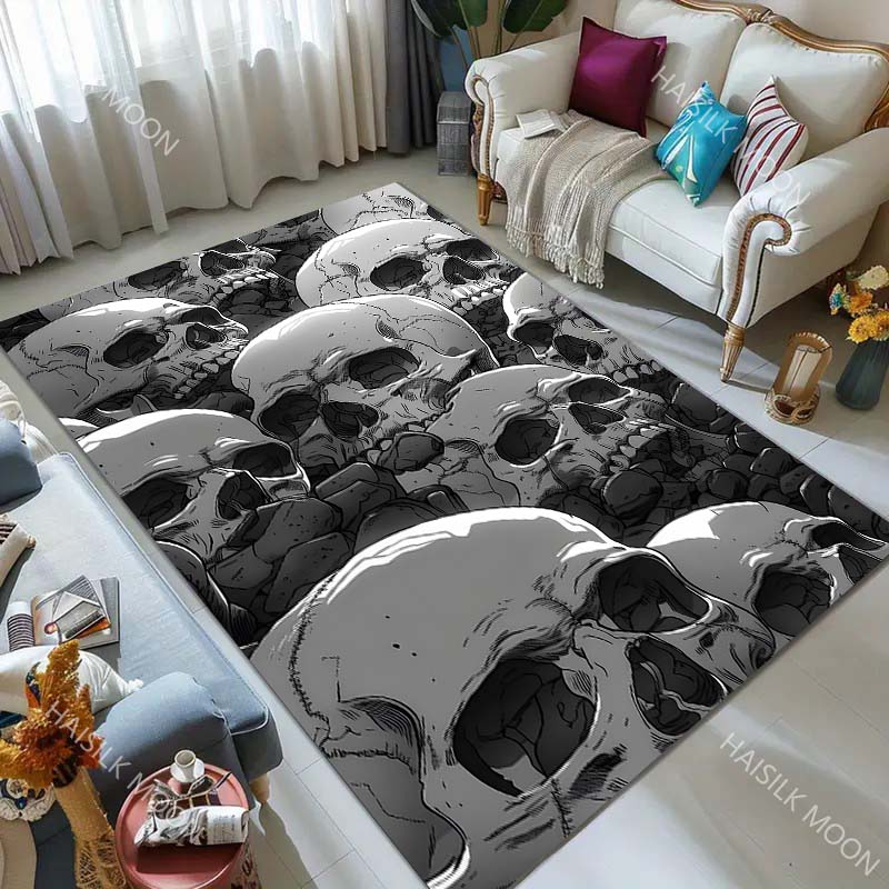 Black Art Skull Printing Carpet for Living Room Bedroom Bedside Floor Mat Sofa Table Area Rugs Home Decor Halloween Gift