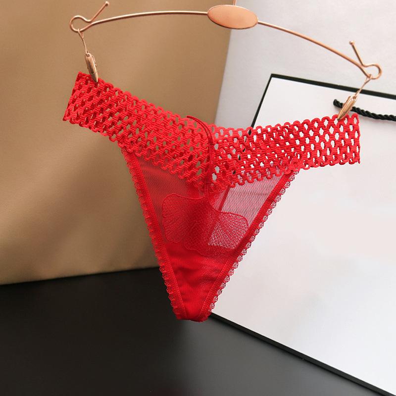 Women Sexy Perspective Ginkgo Leaf Texture Hollow Panties Female Low Waist Pop Pure Color Thong