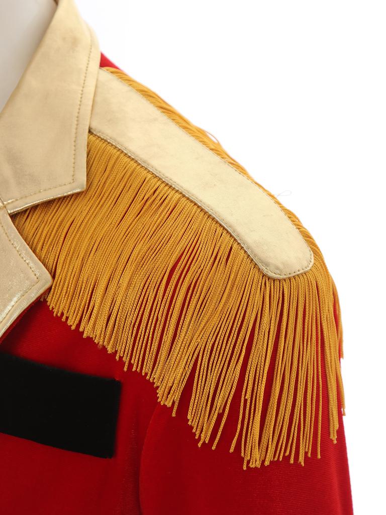 Мужской костюм циркового конферансье, комплект, сюртук с лацканами и бахромой на плечах, длинный рукав, шляпа, воротник, перчатки, карнавальный косплей