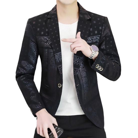 Весенне-осенний мужской пиджак с модным принтом и отложным воротником на одной пуговице, приталенный костюм в Корейском стиле, уличная одежда