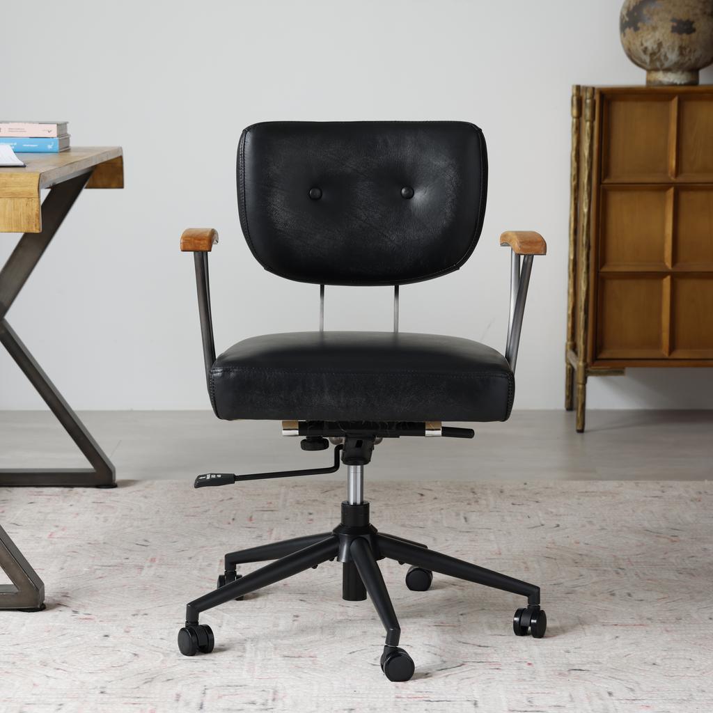 Home Office Desk Chair, Leather Ergonomic Computer Chair with Wheels and Oak Armrests, Height-Adjustable Swivel Chair for Executives
