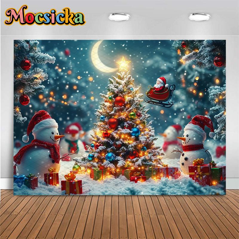 Mocsicka Big Christmas Tree Photography Background Forest Colorful Lamp Gift Party Decoration Snowman Santa Claus Photo Backdrop