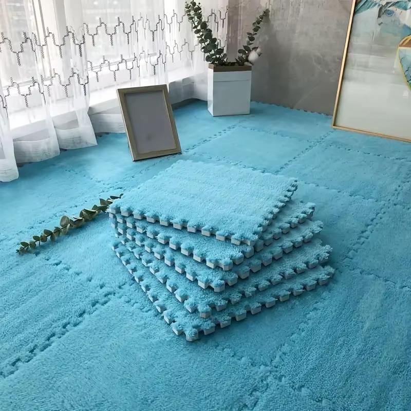 15Pcs Interlocking Fluffy Tiles with Border Square Rug Plush Puzzle Foam Floor Mat for Kids Thick Bedroom Floor Decoration