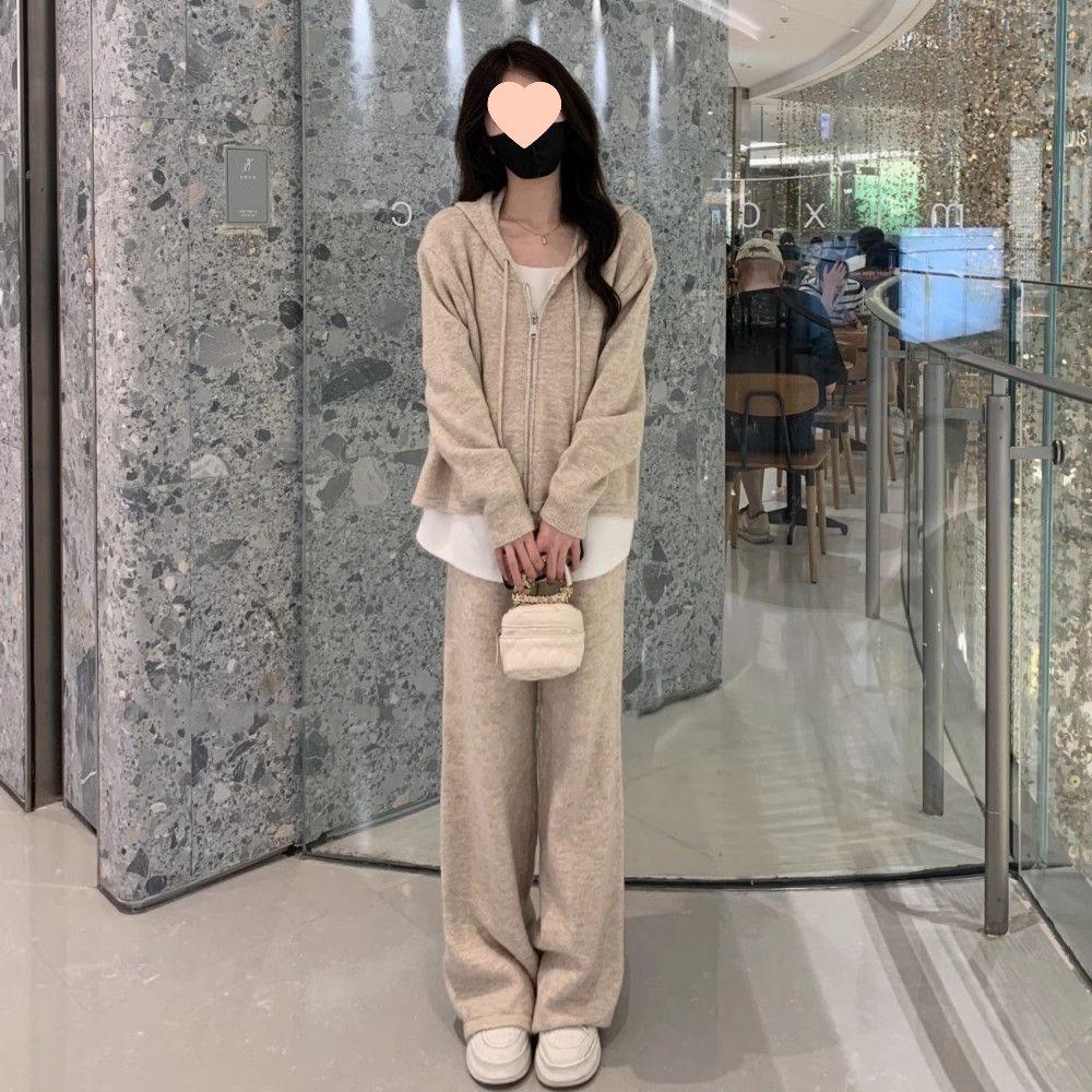 Весна 2025 Женский повседневный костюм-двойка: Кардиган-свитшот из двух частей и брюки широкого кроя