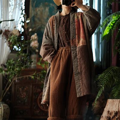 Женские винтажные лоскутные цветные зимние парки, свободные теплые пальто с длинными рукавами, льняные плюс хлопковые женские длинные парки