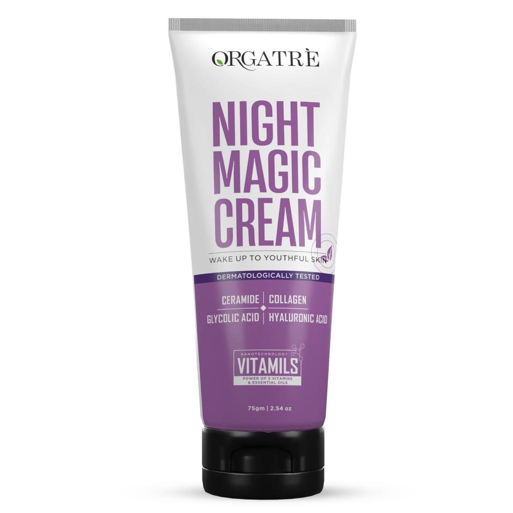 Ночной крем Orgatre Night Magic 75 г для сияющей, молодой кожи | Ночной антивозрастной крем с керамидами, коллагеном, гликолевой и гиалуроновой кислотами | Уменьшает мор