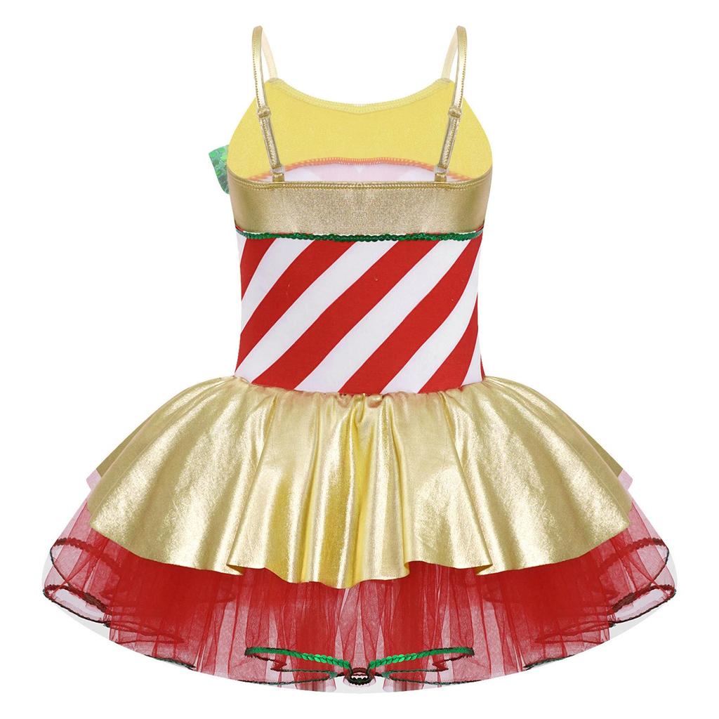 Girls Adjustable Straps Cami Dress Stripes Print Sequins Bowknot Mesh Tutu Dress Dance Jumpsuit Costume