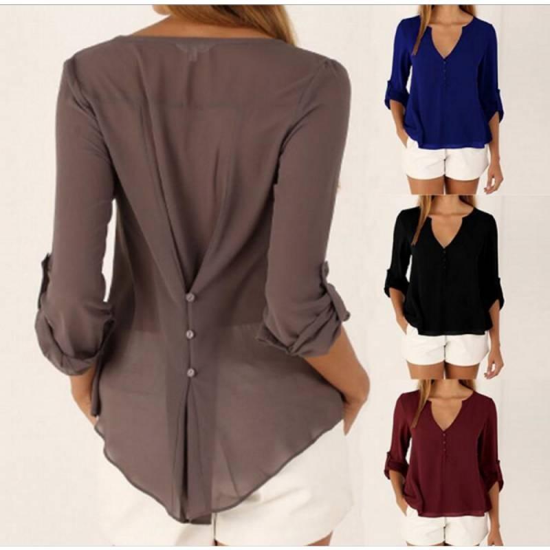 Elegant Women's Long Sleeve V Neck Loose Chiffon Blouse In 11 Stylish Colors And Sizes