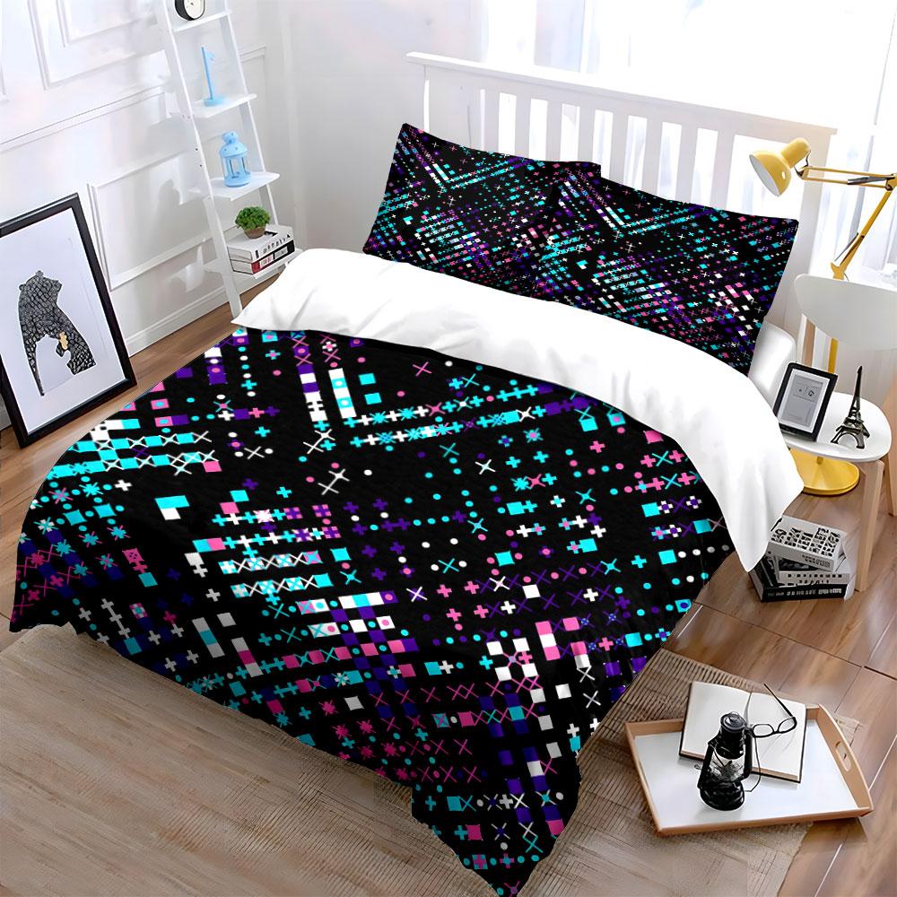 3Pcs Cyberpunk Neon Pattern Bedding Set, Pink and Blue Crosses Print Duvet Cover + 2 Pillowcases, home decor