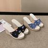 One Word with Slippers Women's Shoes 2025 New Foreign Trade Large Size Casual Denim Wedge Heel Thick Low Women's Slippers Women