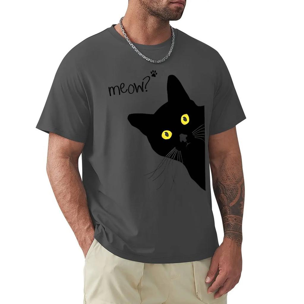 Мужские футболки с забавным принтом «Мяу, черный кот», дышащая футболка, летняя уличная одежда, топы, свободные хлопковые топы большого размера с коротким рукавом