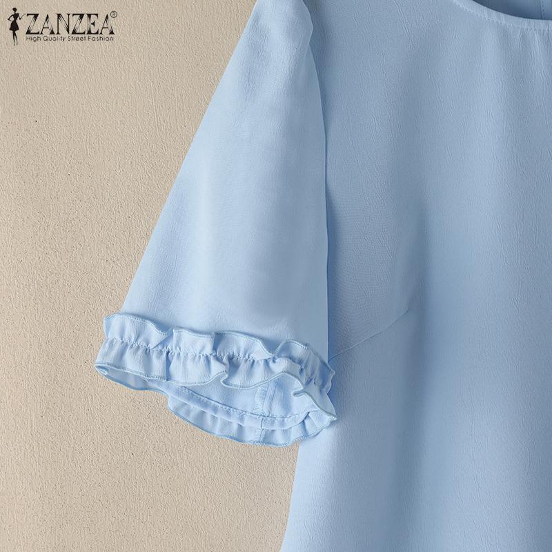 ZANZEA Женская повседневная летняя блузка с круглым вырезом и коротким рукавом