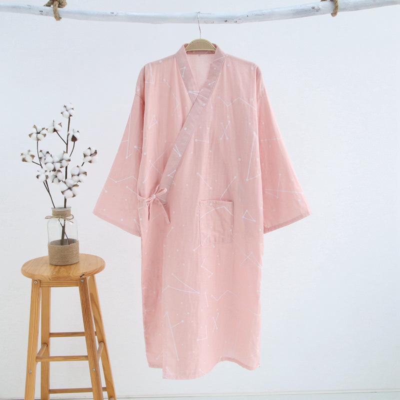Japanese Kimono Ladies Bathrobe Nightdress Long-sleeved Nightgown Cotton Gauze Summer and Autumn Cute Sweaty Spring Cotton Pajamas