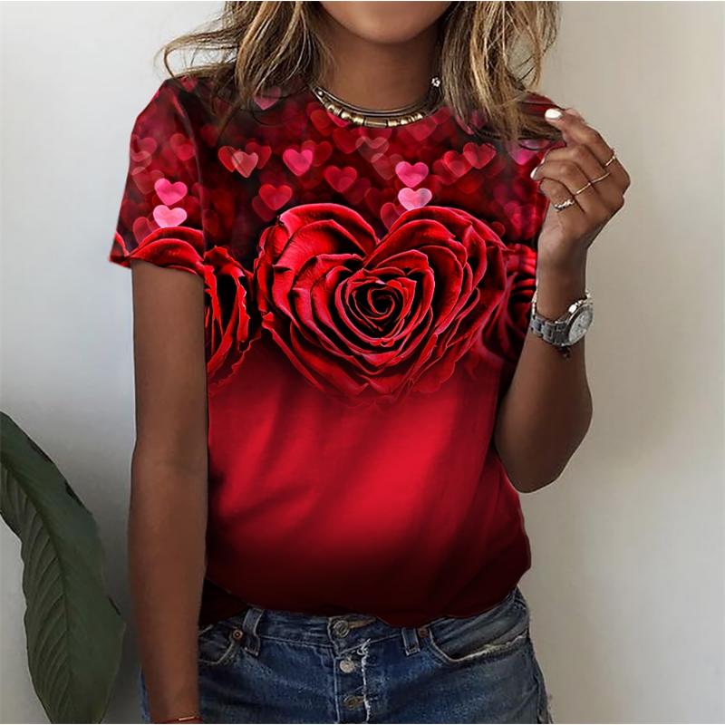 Модная женская блузка 2023 года, сексуальные топы для женщин, 3D-принт с розами, футболки с коротким рукавом, женские футболки, женская одежда больших размеров Y2k