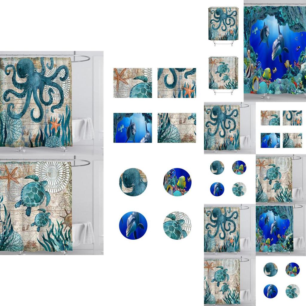 Экологичная шторка для душа с морской черепахой и осьминогом, изготовленная из мягкого полиэфирного волокна и оснащенная крючками для легкой установки