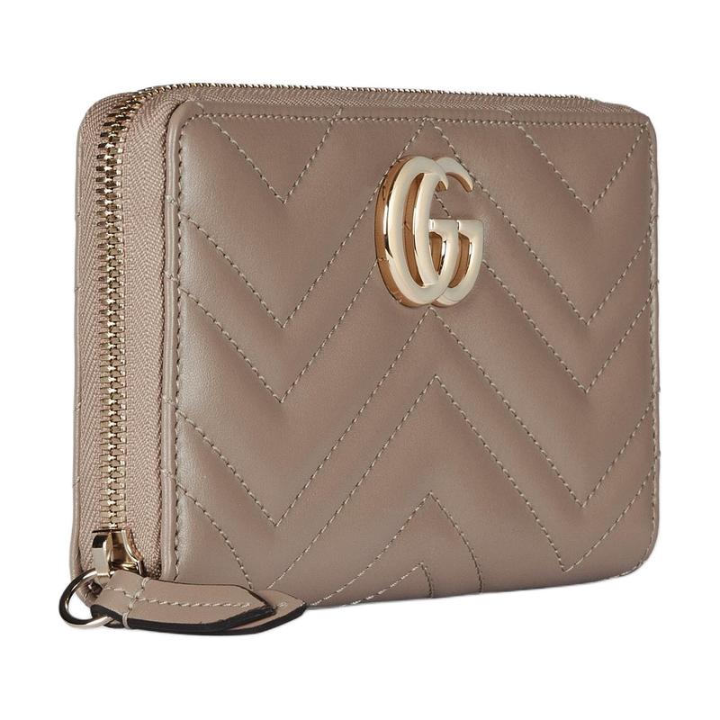 Gucci GG Marmont Кошелек из кожи с фурнитурой цвета светлого золота, на молнии, женский, цвет тауп