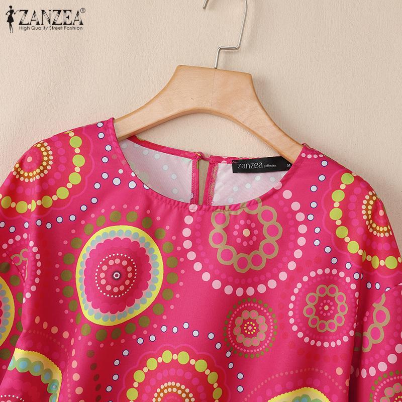 ZANZEA Женская повседневная блузка с круглым вырезом, ретро-принтом, свободным рукавом 3/4