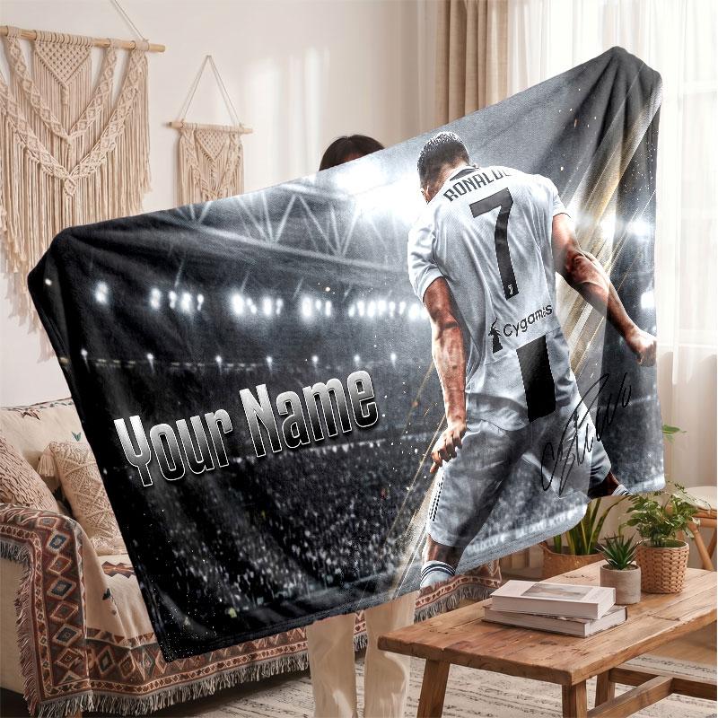 Cristiano Ronaldo Personalized Fleece Blanket With Football Logo, Custom Name Text Soft Warm Home Throw Blanket