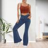 Women High Waist Denim Pants Slightly Slim Fit Flared Jeans Pockets Cross Waistband Denim Trousers Streetwear
