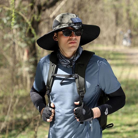 Men Outdoor Hat with Detachable Solar Fan Large Brim Windproof Strap USB Charging Anti-UV Sunlight Protection Hollow Mesh Great Breathability
