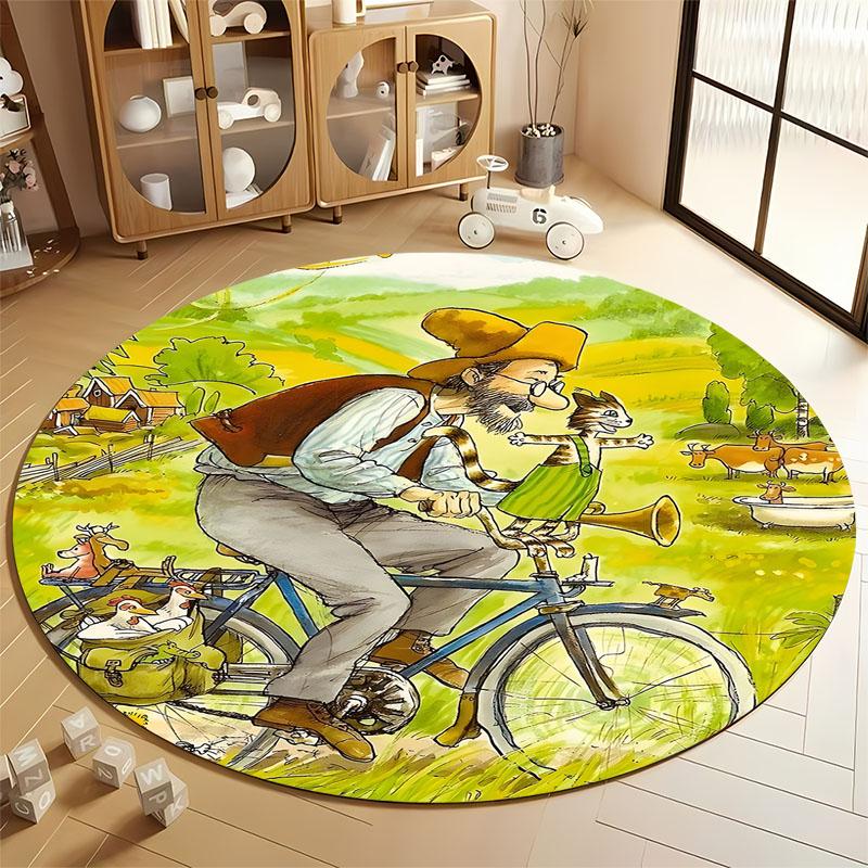 "Whimsical Cycling Scene Round Carpet for Kids' Rooms" round carpet for home sofa bedroom, gift