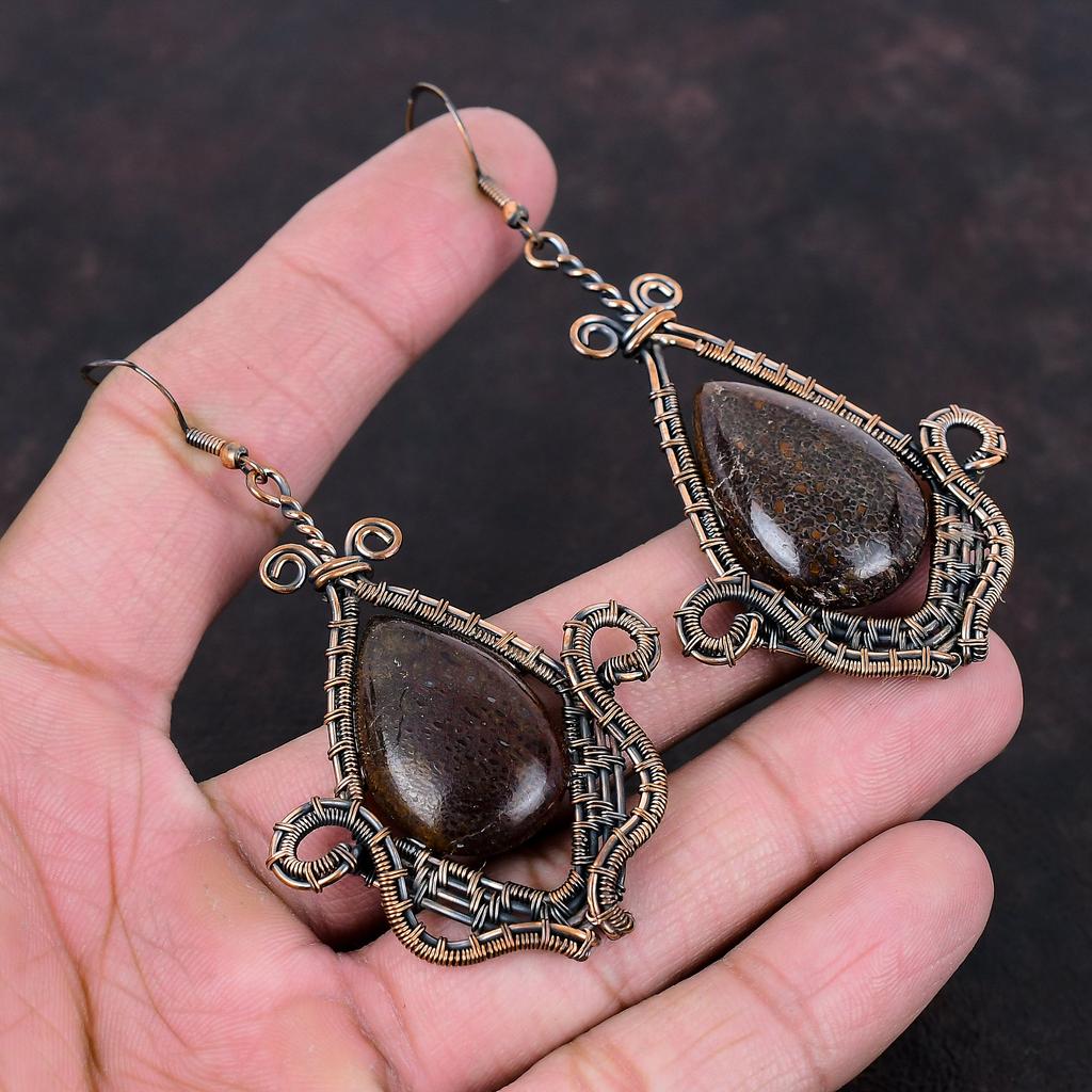 Серьги из кости динозавра, медные серьги, обернутые проволокой, ювелирные изделия из кости динозавра, настоящие серьги из драгоценных камней, серьги ручной работы, подарок для мамы, медные украшения