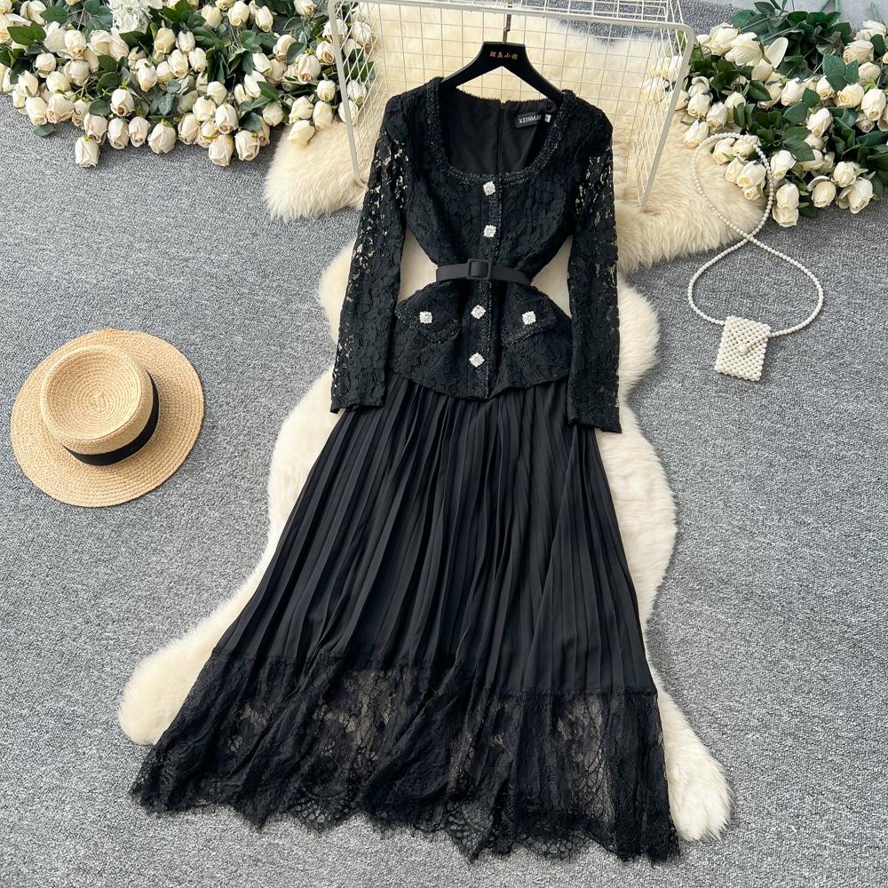 Платье высокого класса для женщин на осень, французская мода, кружевное, с длинными рукавами, пэчворк, с акцентом на талии, плиссированное длинное платье