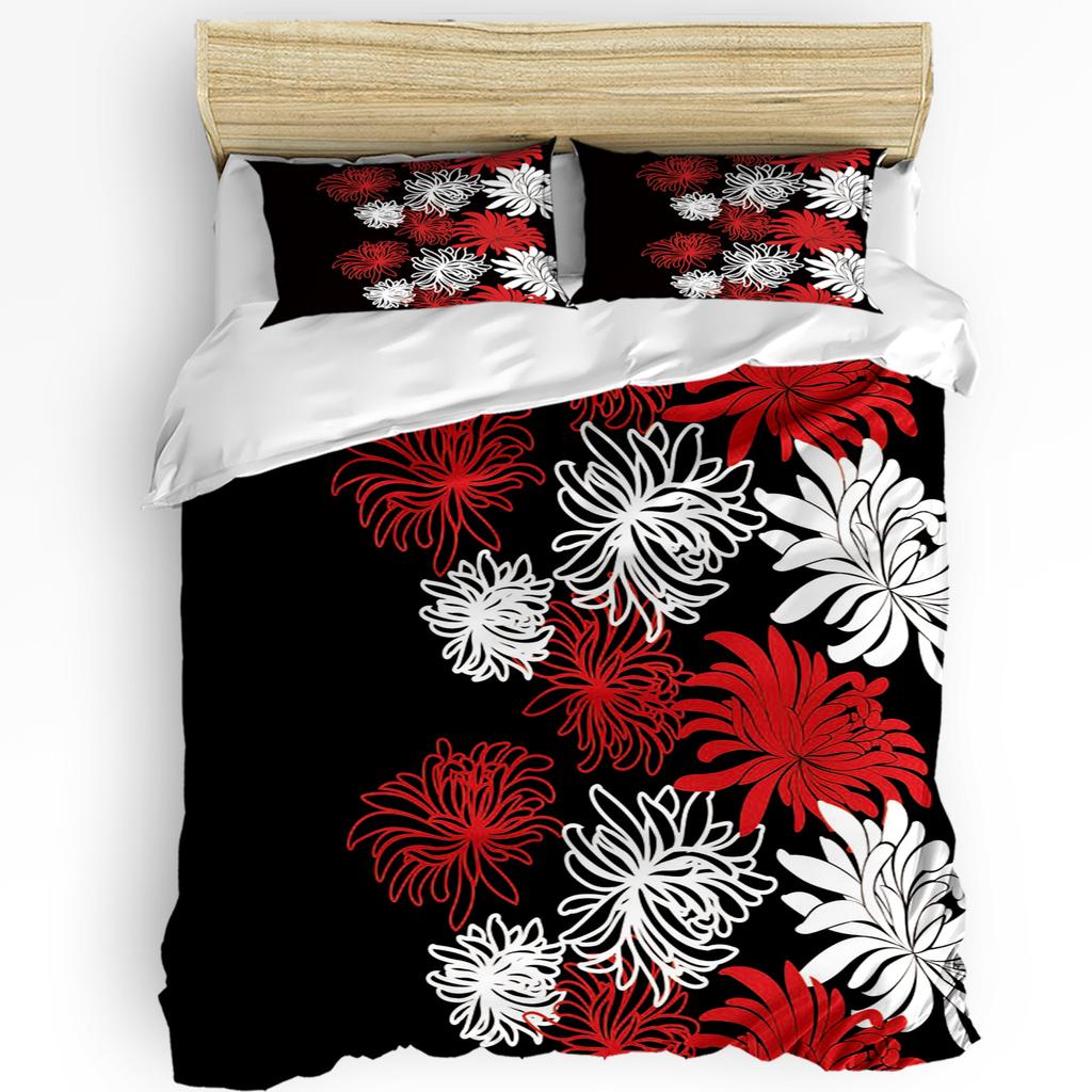 Red Black White Flower Chrysanthemum Duvet Cover With Pillow Case Custom 3pcs Bedding Set Quilt Cover Double Bed Home Textile