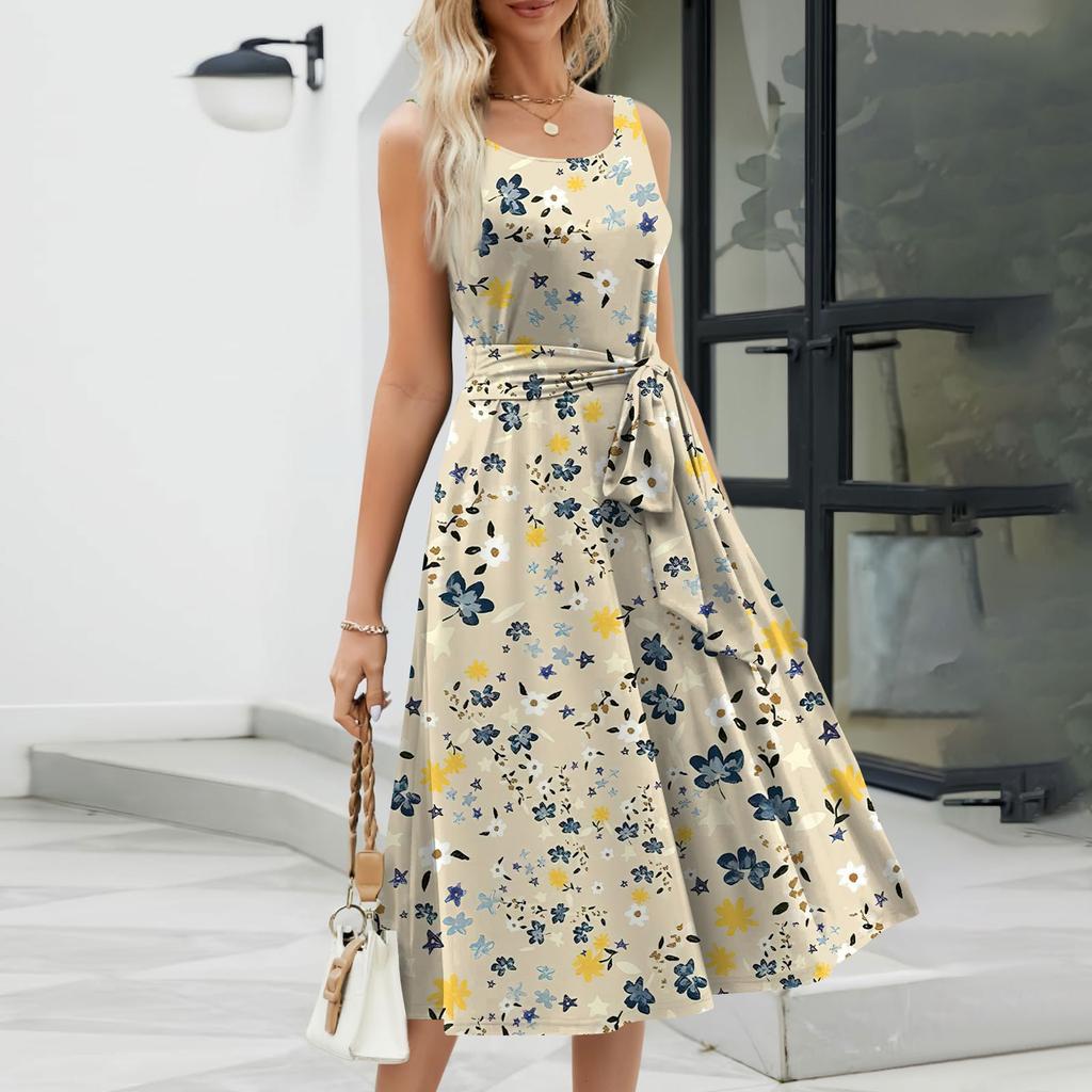 Женское летнее пляжное свободное платье трапециевидной формы средней длины с круглым вырезом и без рукавов, платье-жилет с карманом на шнуровке и цветочным принтом