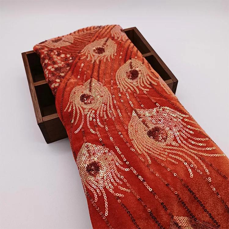 Павлиньи перья Ткань с пайетками Свадебная вечеринка Платье для выступления девочки Сделать ткань Вышивка Кружево Зеленый Оригинальность Модные ткани