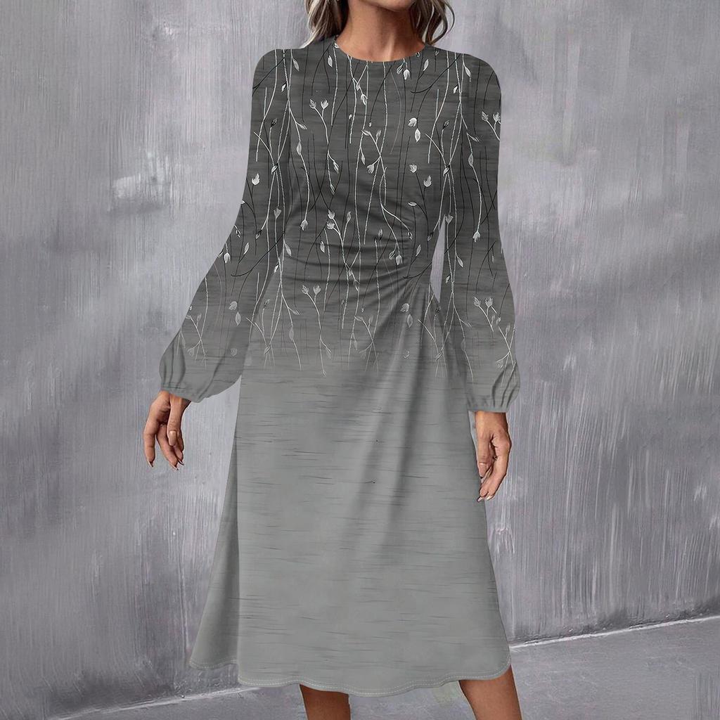 Женское модное повседневное платье миди с круглым вырезом и длинными рукавами