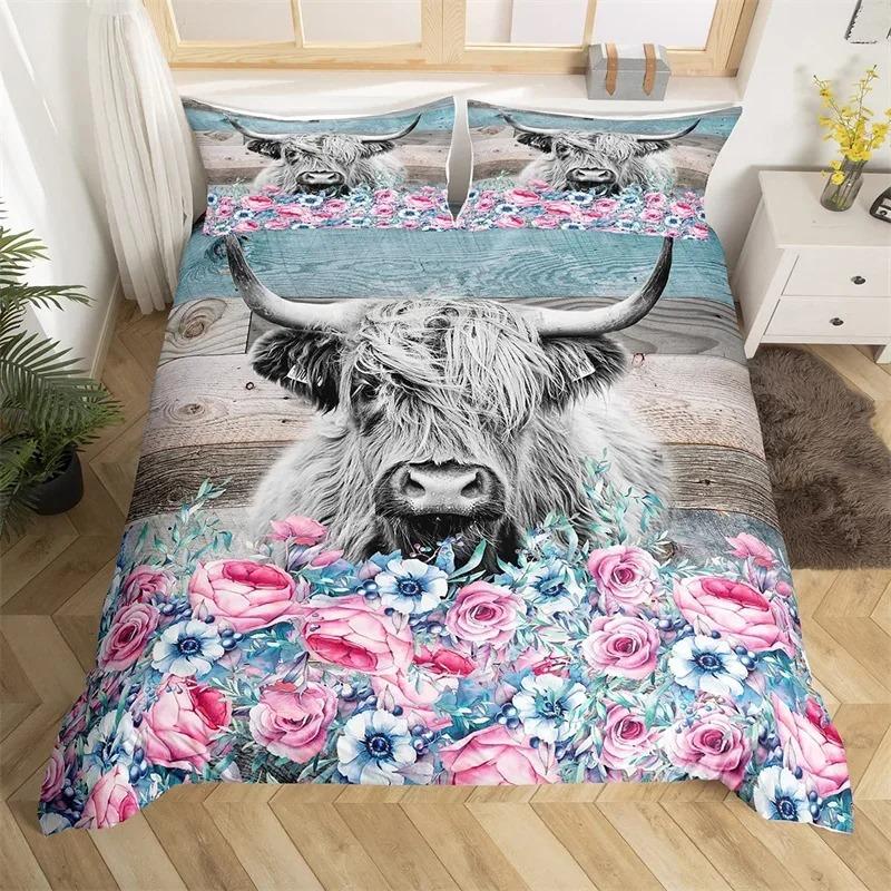 Пододеяльник с изображением коровы Хайленд, King Queen, вестерн, фермерское животное, комплект постельного белья из микрофибры с изображением быка и крупного рогатого скота с цветочным рисунком для детей и подростков