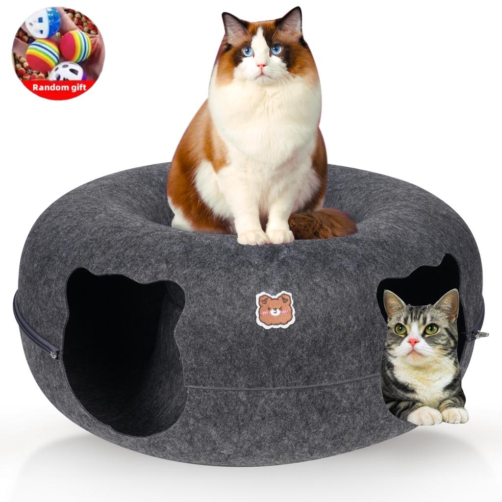 Кошачья тоннельная кровать для кошек Peekaboo Cat Cave Двойная пещера для кошек среднего и большого размера Кровать-пончик с царапаньем Cat Donut Tunnel