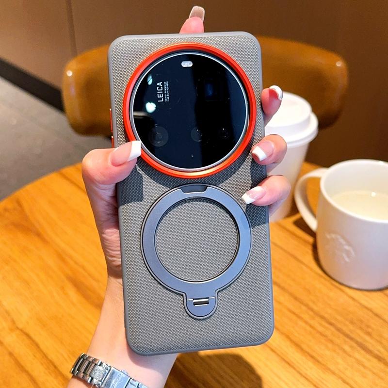 Для Xiaomi 15 14 Ultra Чехол Магнитный Металлический Держатель-подставка с вращением на 360° Сетчатый рисунок Кожа Хороший захват Мягкая задняя крышка