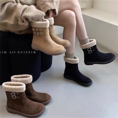 Женские зимние сапоги, флисовые утепленные короткие ботинки, женские 2025, новая осенняя универсальная зимняя обувь из меха, интегрированная меховая обувь, зимние хлопковые сапоги