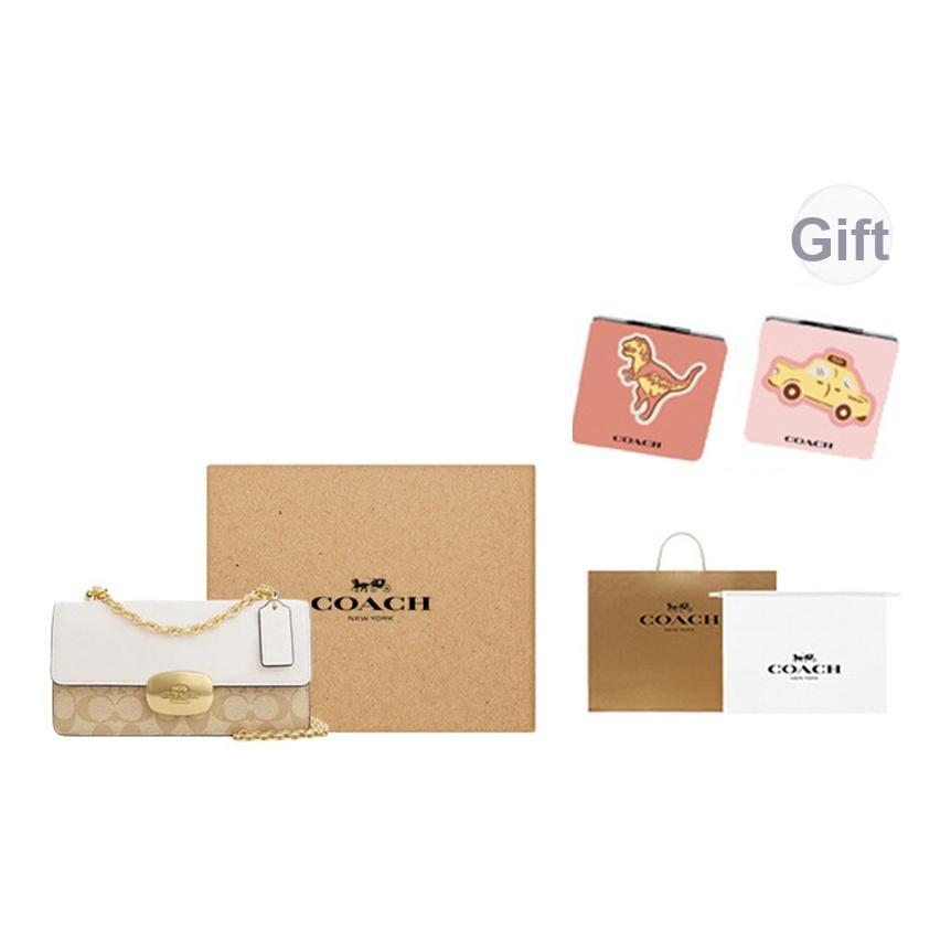 Coach Eliza 23 Классическая сумка-клатч с монограммой и несъемным плечевым ремнем Женская сумка через плечо Светло-хаки Белый CP009-IMDQC