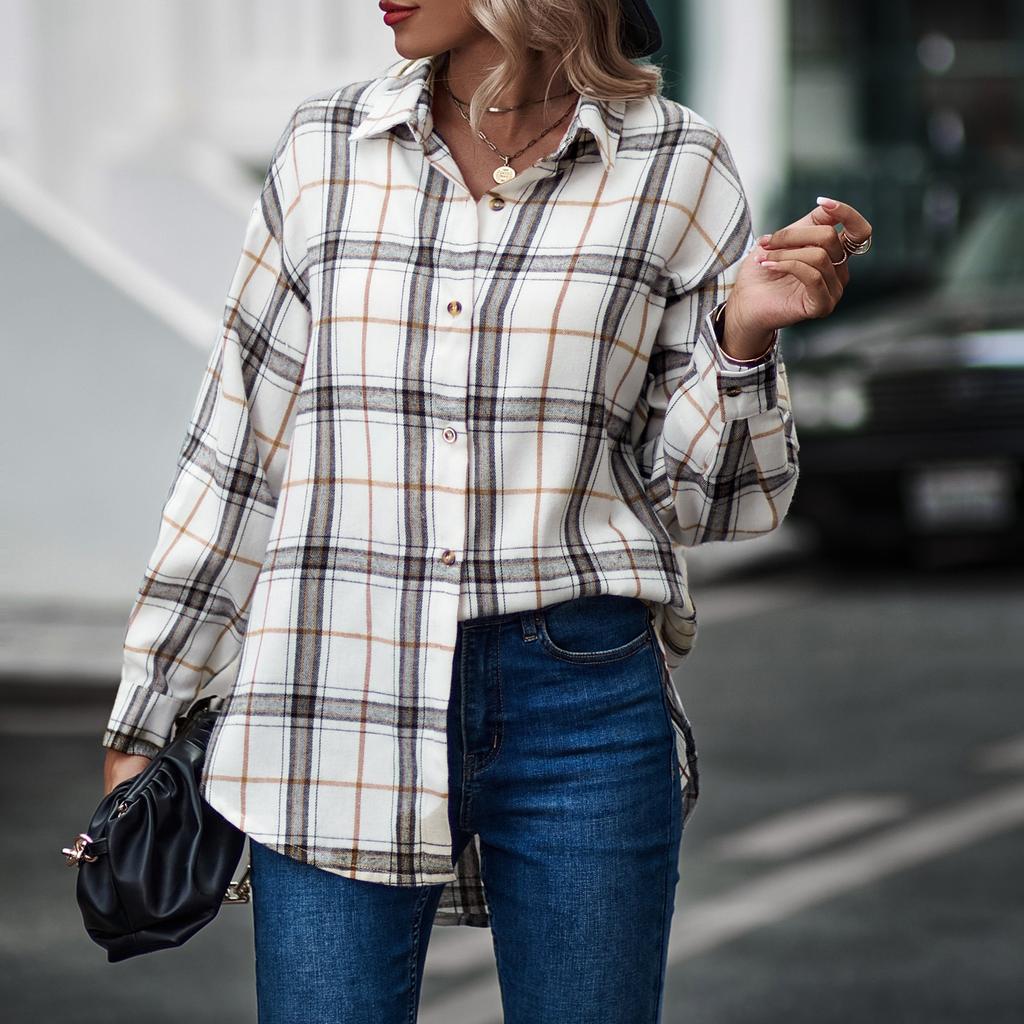 Модные женские повседневные топы в клетку с длинным рукавом и воротником-стойкой, пальто